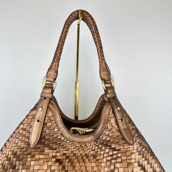Cole Haan Genevieve Weave Brown Metallic Gold Leather Large Shoulder Bag - Picture 14 of 16